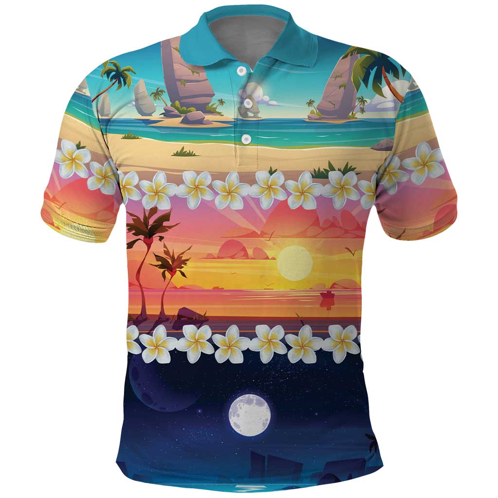 Hawaii Beach Landscape Time-Lapse Polo Shirt Tropical Plumeria Flowers - Polynesian Pride