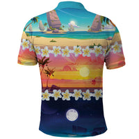 Hawaii Beach Landscape Time-Lapse Polo Shirt Tropical Plumeria Flowers - Polynesian Pride
