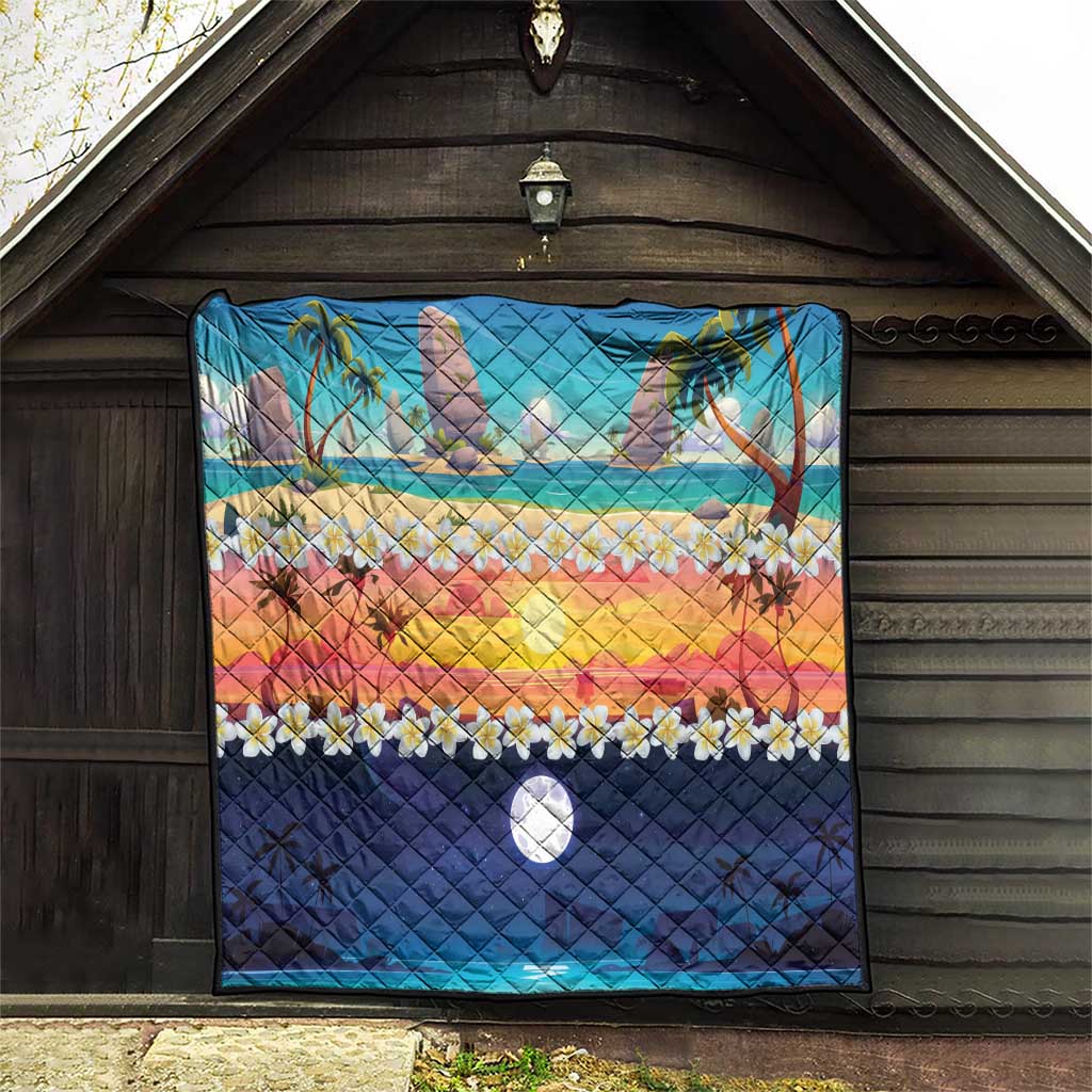 Hawaii Beach Landscape Time-Lapse Quilt Tropical Plumeria Flowers - Polynesian Pride