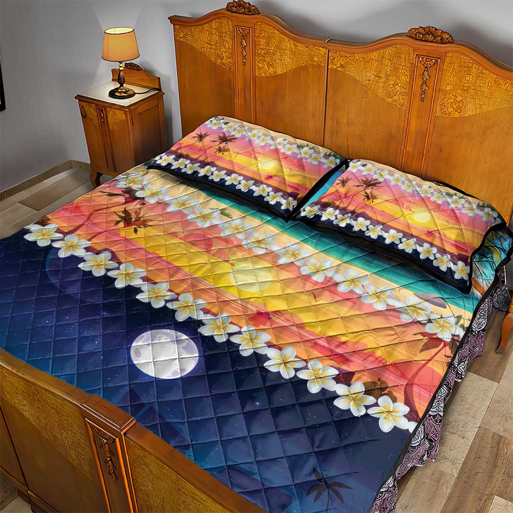 Hawaii Beach Landscape Time-Lapse Quilt Bed Set Tropical Plumeria Flowers - Polynesian Pride