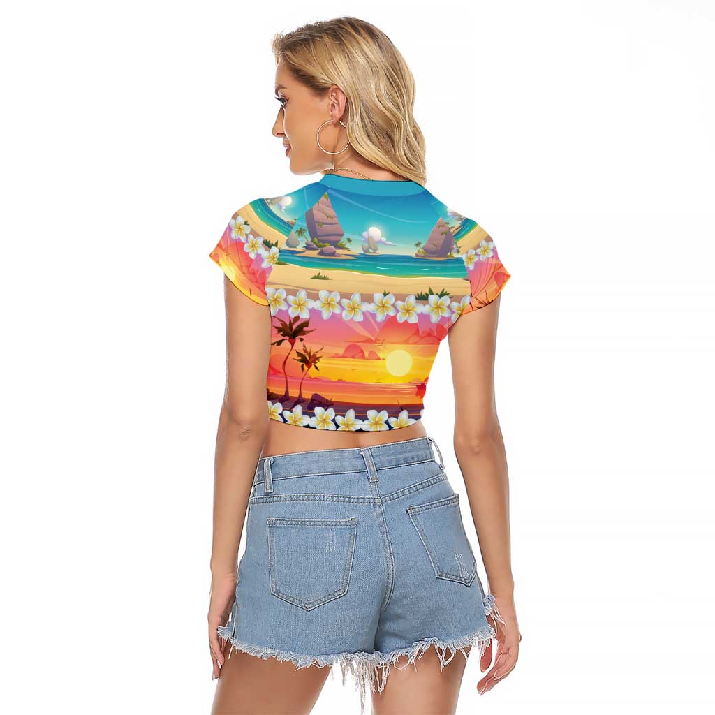 Hawaii Beach Landscape Time-Lapse Raglan Cropped T Shirt Tropical Plumeria Flowers - Polynesian Pride