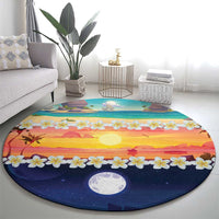 Hawaii Beach Landscape Time-Lapse Round Carpet Tropical Plumeria Flowers - Polynesian Pride