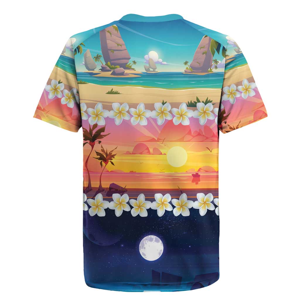 Hawaii Beach Landscape Time-Lapse Rugby Jersey Tropical Plumeria Flowers - Polynesian Pride