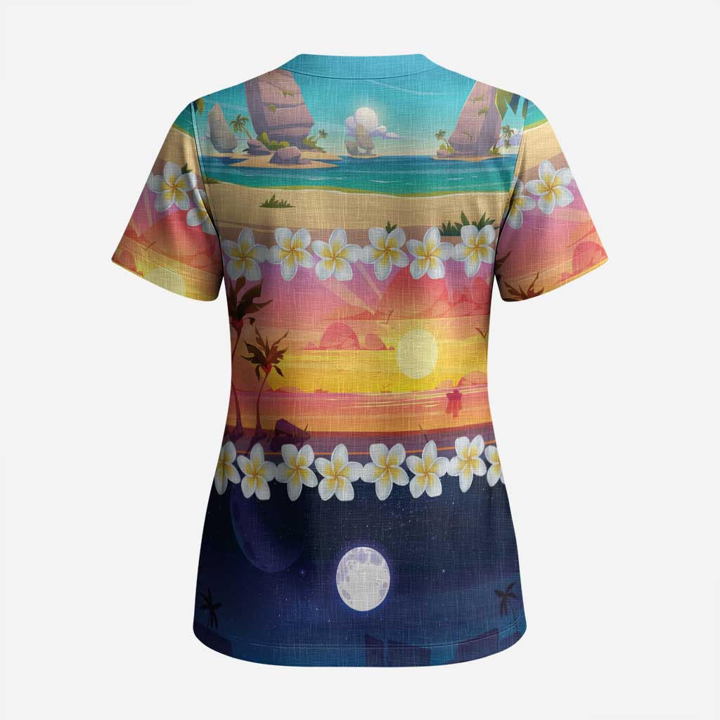 Hawaii Beach Landscape Time-Lapse Scrub Top Tropical Plumeria Flowers - Polynesian Pride