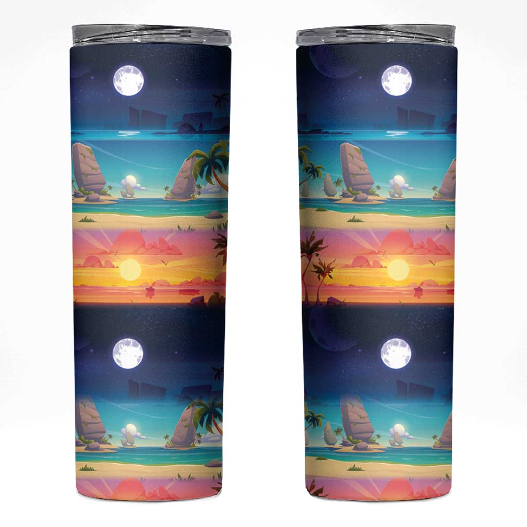 Hawaii Beach Landscape Time-Lapse Skinny Tumbler Tropical Plumeria Flowers - Polynesian Pride