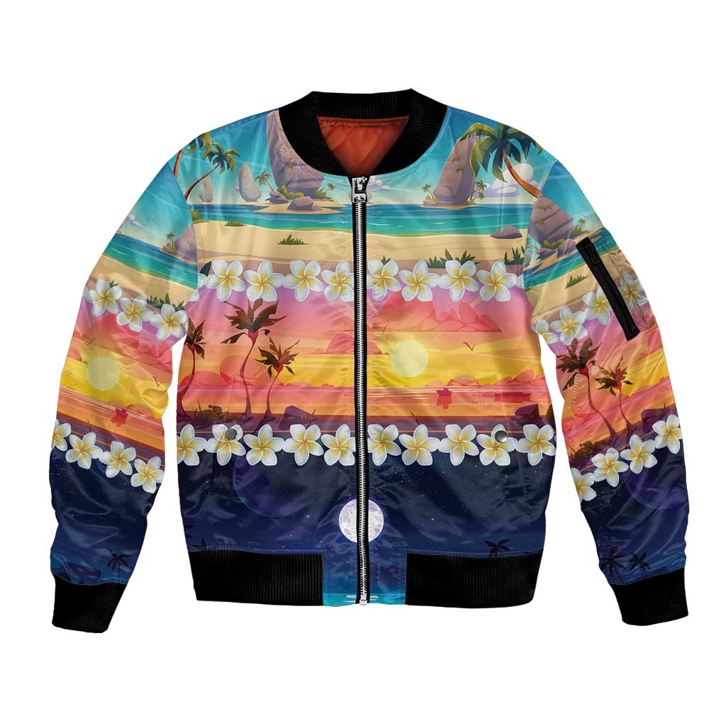 Hawaii Beach Landscape Time-Lapse Sleeve Zip Bomber Jacket Tropical Plumeria Flowers - Polynesian Pride