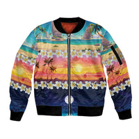 Hawaii Beach Landscape Time-Lapse Sleeve Zip Bomber Jacket Tropical Plumeria Flowers - Polynesian Pride