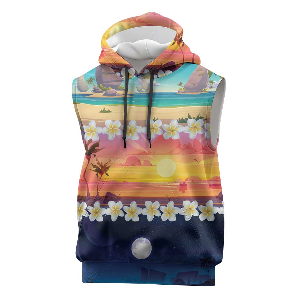 Hawaii Beach Landscape Time-Lapse Sleeveless Hoodie Tropical Plumeria Flowers - Polynesian Pride