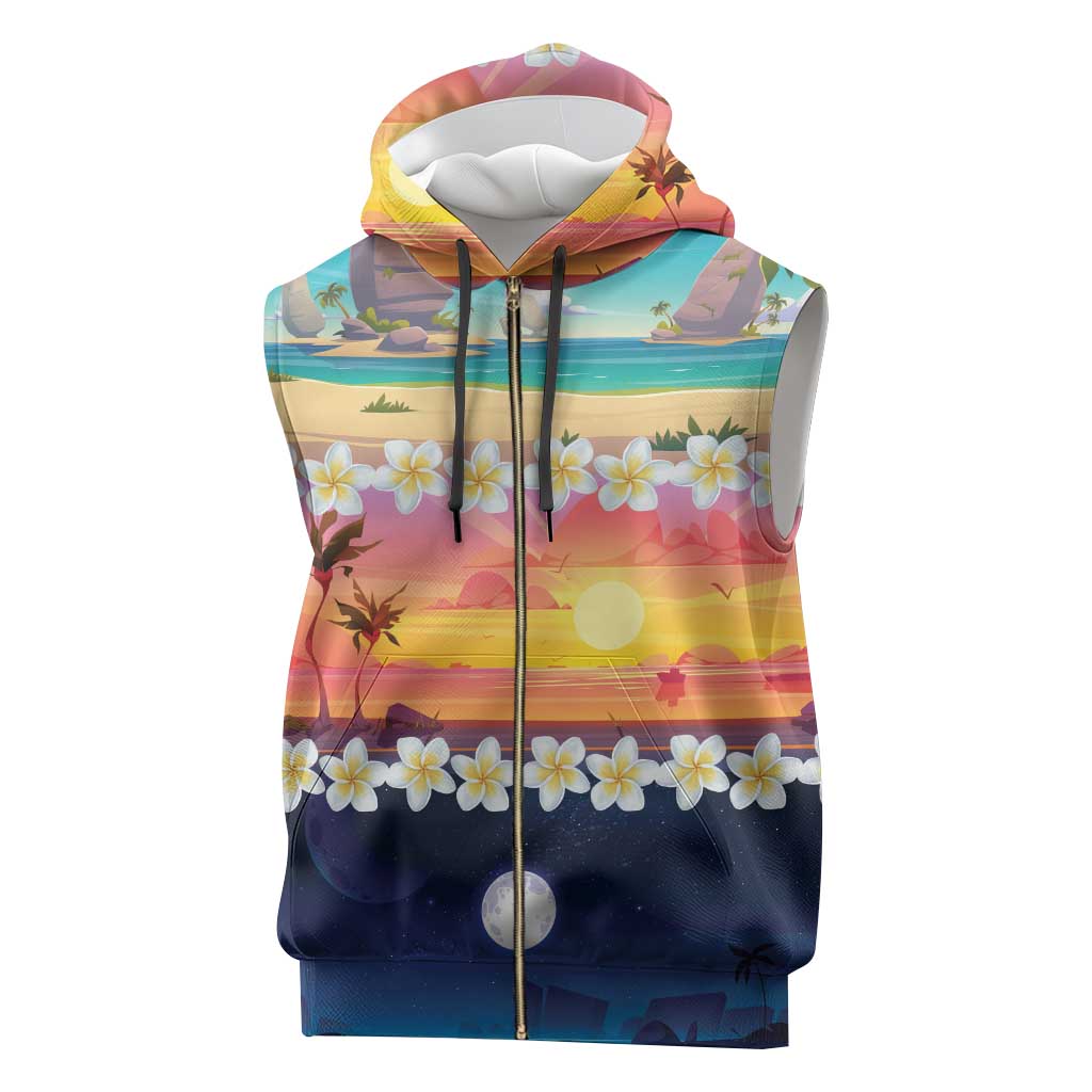 Hawaii Beach Landscape Time-Lapse Sleeveless Zip Hoodie Tropical Plumeria Flowers - Polynesian Pride