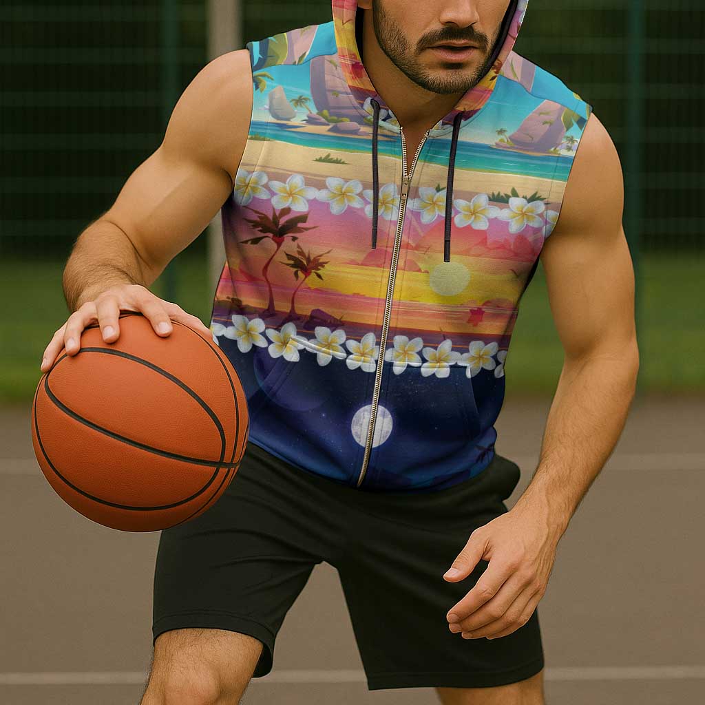 Hawaii Beach Landscape Time-Lapse Sleeveless Zip Hoodie Tropical Plumeria Flowers - Polynesian Pride