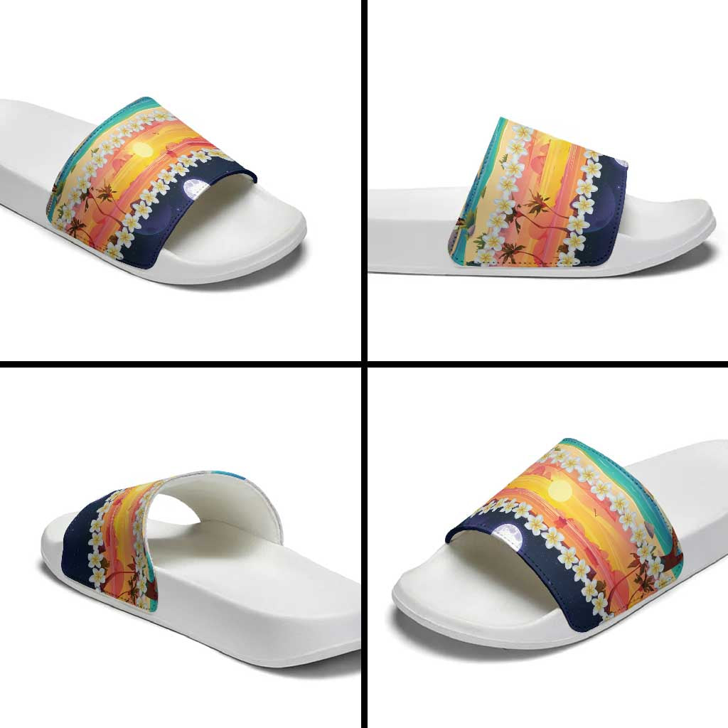 Hawaii Beach Landscape Time-Lapse Slide Sandals Tropical Plumeria Flowers - Polynesian Pride