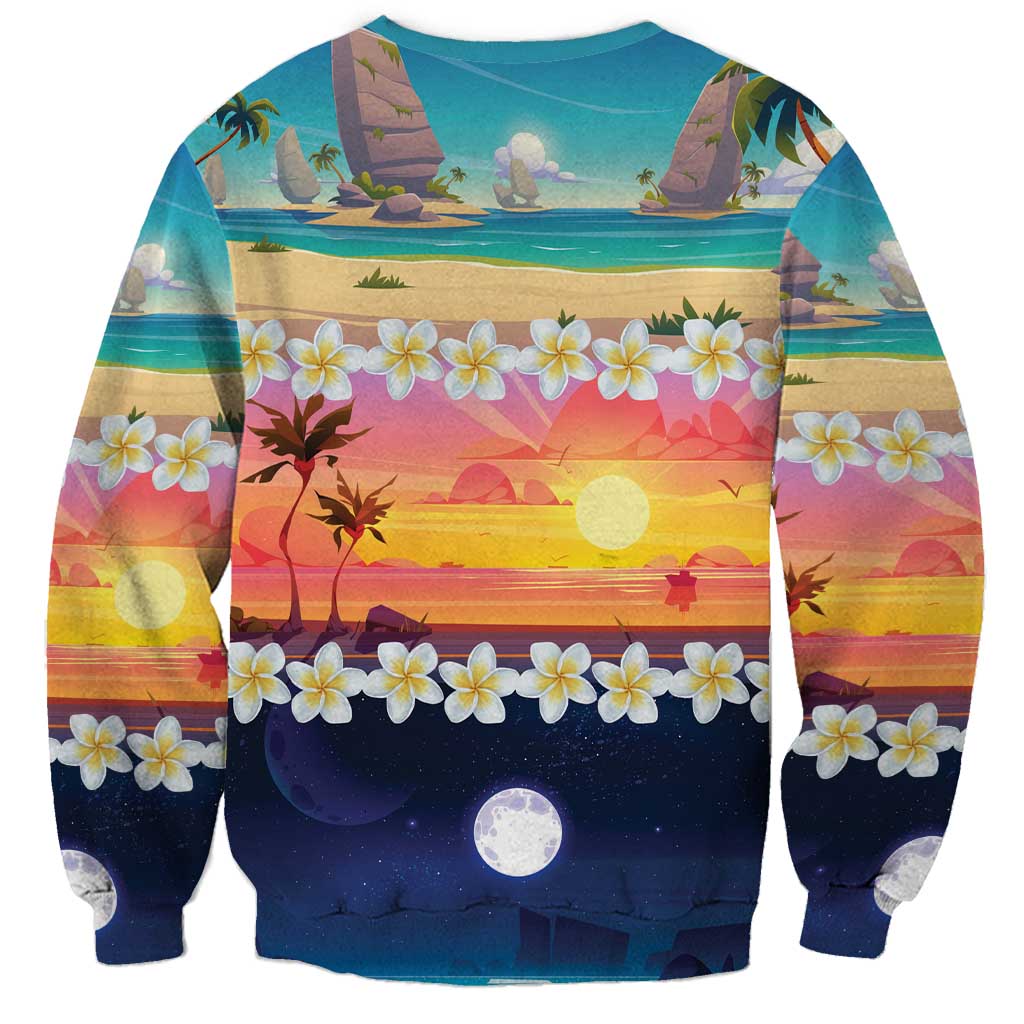 Hawaii Beach Landscape Time-Lapse Sweatshirt Tropical Plumeria Flowers - Polynesian Pride