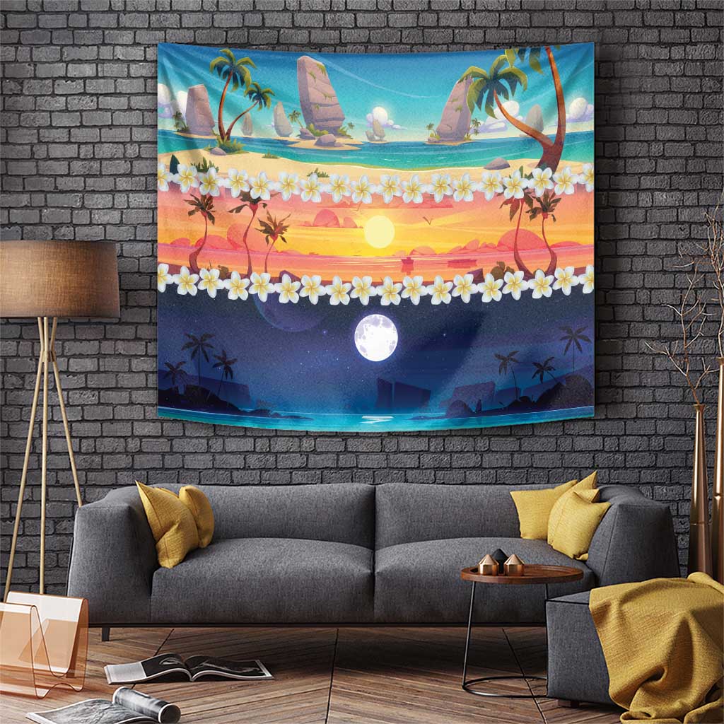 Hawaii Beach Landscape Time-Lapse Tapestry Tropical Plumeria Flowers - Polynesian Pride