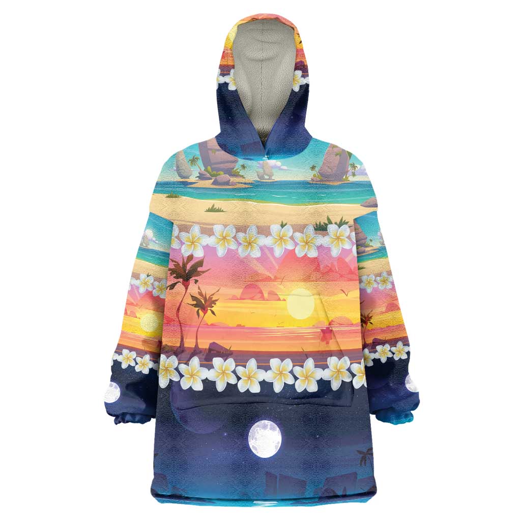 Hawaii Beach Landscape Time-Lapse Wearable Blanket Hoodie Tropical Plumeria Flowers LT01 One Size Multicolor - Polynesian Pride