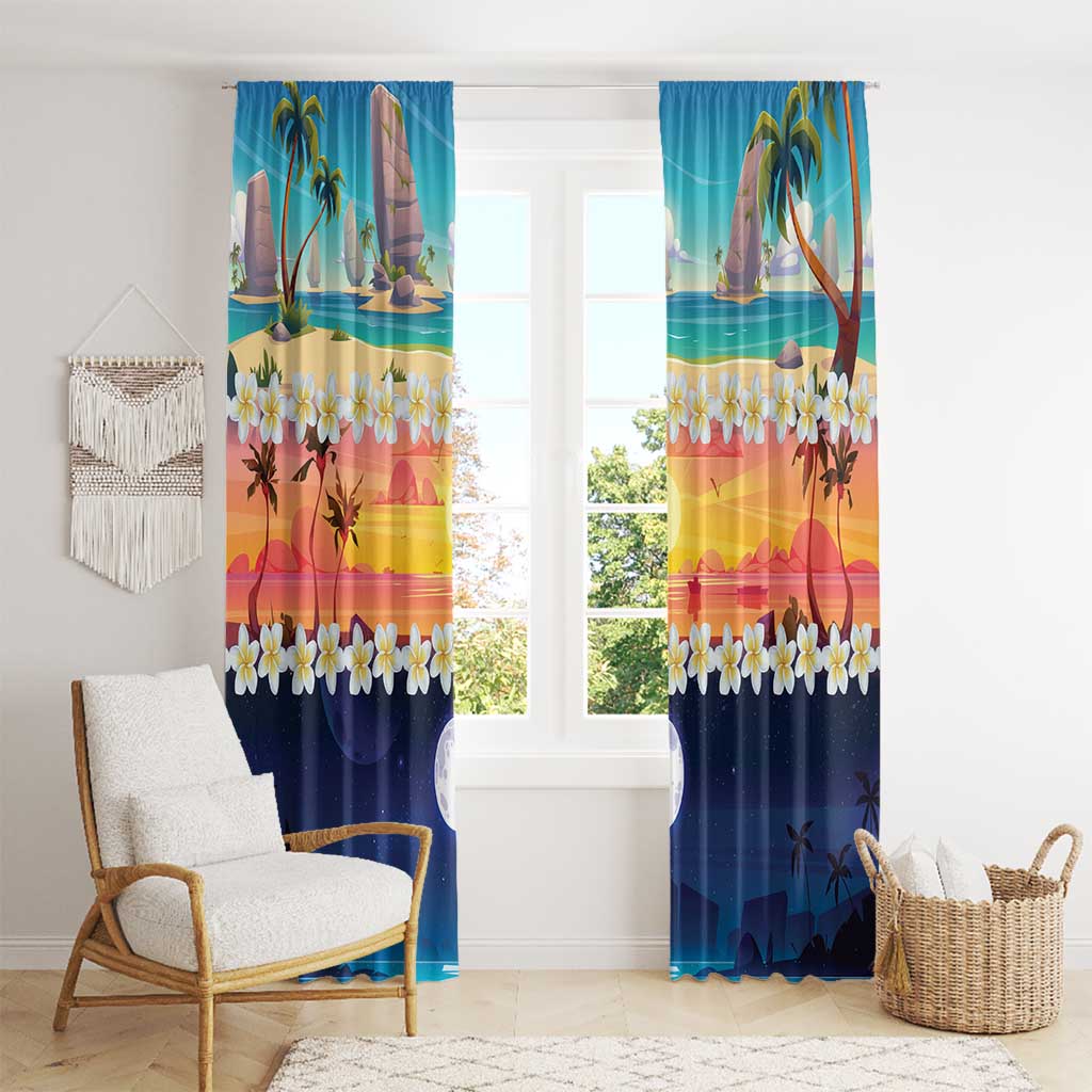 Hawaii Beach Landscape Time-Lapse Window Curtain Tropical Plumeria Flowers - Polynesian Pride