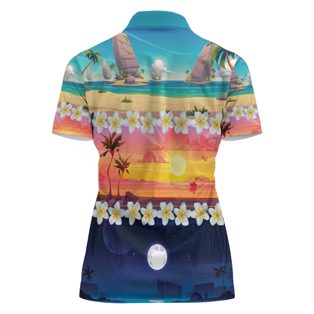 Hawaii Beach Landscape Time-Lapse Women Polo Shirt Tropical Plumeria Flowers - Polynesian Pride