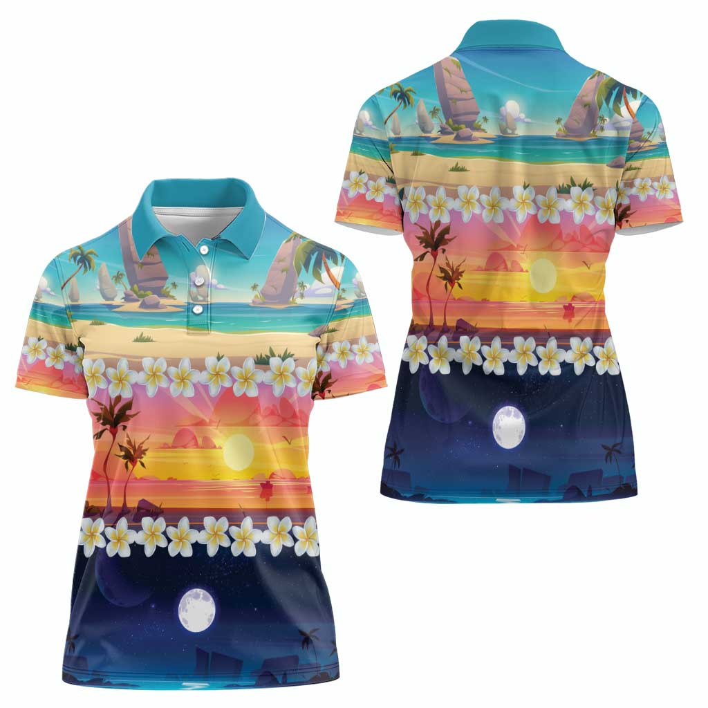 Hawaii Beach Landscape Time-Lapse Women Polo Shirt Tropical Plumeria Flowers - Polynesian Pride
