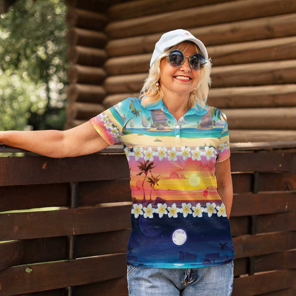 Hawaii Beach Landscape Time-Lapse Women Polo Shirt Tropical Plumeria Flowers - Polynesian Pride