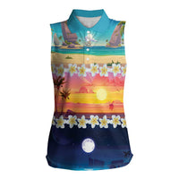 Hawaii Beach Landscape Time-Lapse Women Sleeveless Polo Shirt Tropical Plumeria Flowers - Polynesian Pride