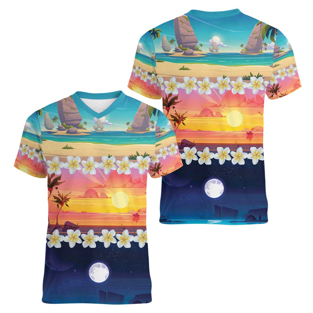 Hawaii Beach Landscape Time-Lapse Women V-Neck T-Shirt Tropical Plumeria Flowers - Polynesian Pride