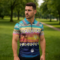 Hawaii Beach Landscape Time-Lapse Zipper Polo Shirt Tropical Plumeria Flowers - Polynesian Pride