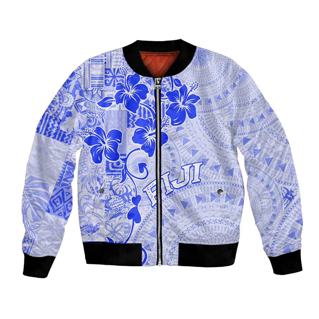 Fiji Masi With Hibiscus Tapa Tribal Bomber Jacket Blue Pastel LT01 Unisex Blue - Polynesian Pride