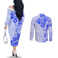 Fiji Masi With Hibiscus Tapa Tribal Couples Matching Off The Shoulder Long Sleeve Dress and Long Sleeve Button Shirt Blue Pastel LT01 - Polynesian Pride