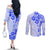 Fiji Masi With Hibiscus Tapa Tribal Couples Matching Off The Shoulder Long Sleeve Dress and Long Sleeve Button Shirt Blue Pastel LT01 - Polynesian Pride