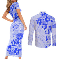 Fiji Masi With Hibiscus Tapa Tribal Couples Matching Short Sleeve Bodycon Dress and Long Sleeve Button Shirt Blue Pastel LT01 - Polynesian Pride