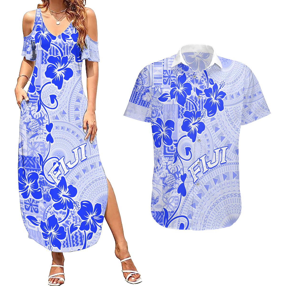 Fiji Masi With Hibiscus Tapa Tribal Couples Matching Summer Maxi Dress and Hawaiian Shirt Blue Pastel LT01 Blue - Polynesian Pride