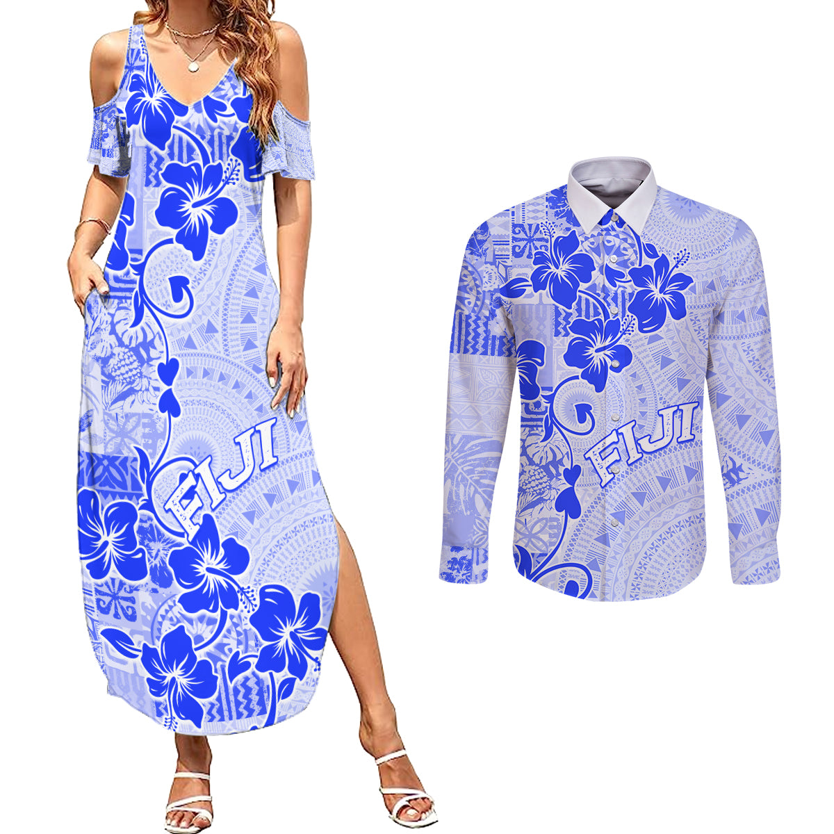 Fiji Masi With Hibiscus Tapa Tribal Couples Matching Summer Maxi Dress and Long Sleeve Button Shirt Blue Pastel LT01 Blue - Polynesian Pride