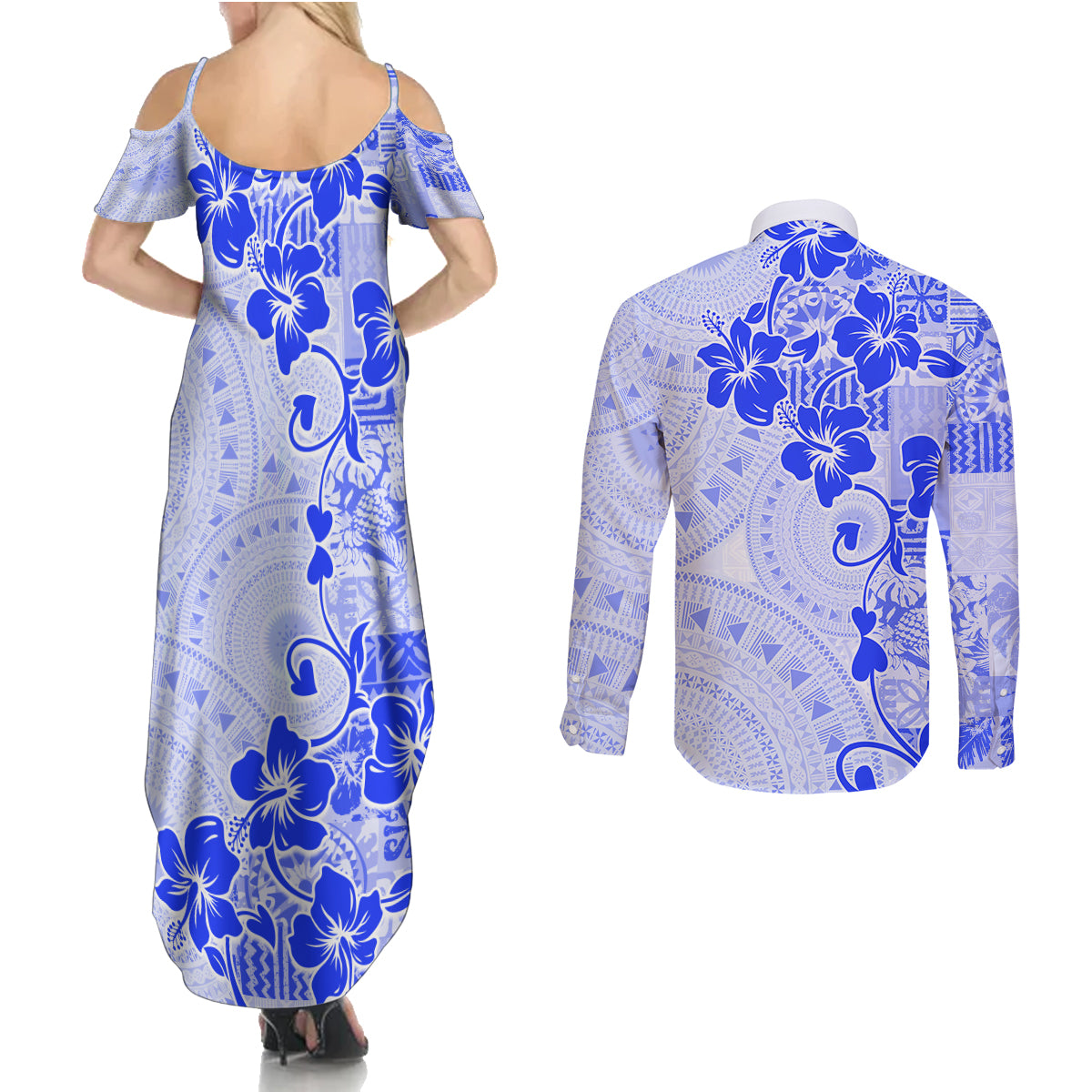 Fiji Masi With Hibiscus Tapa Tribal Couples Matching Summer Maxi Dress and Long Sleeve Button Shirt Blue Pastel LT01 - Polynesian Pride