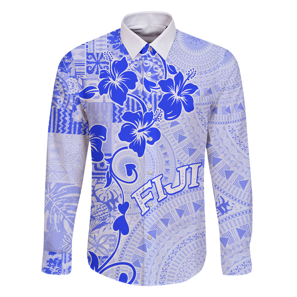 Fiji Masi With Hibiscus Tapa Tribal Family Matching Mermaid Dress and Hawaiian Shirt Blue Pastel LT01 Dad's Shirt - Long Sleeve Blue - Polynesian Pride