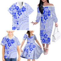 Fiji Masi With Hibiscus Tapa Tribal Family Matching Off Shoulder Long Sleeve Dress and Hawaiian Shirt Blue Pastel LT01 - Polynesian Pride