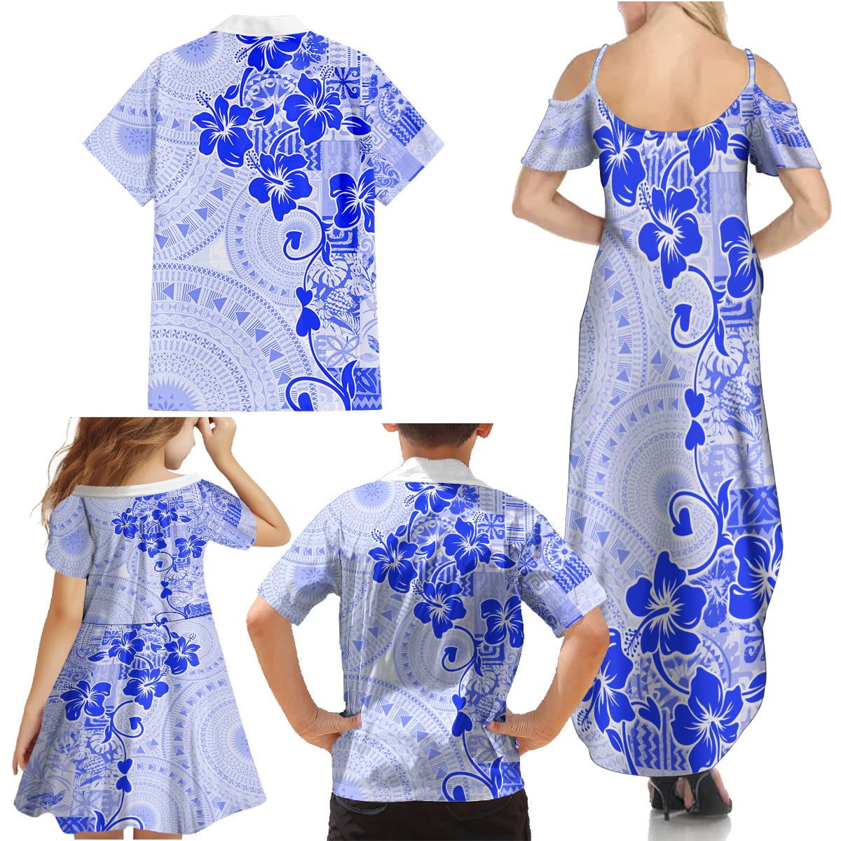 Fiji Masi With Hibiscus Tapa Tribal Family Matching Summer Maxi Dress and Hawaiian Shirt Blue Pastel LT01 - Polynesian Pride
