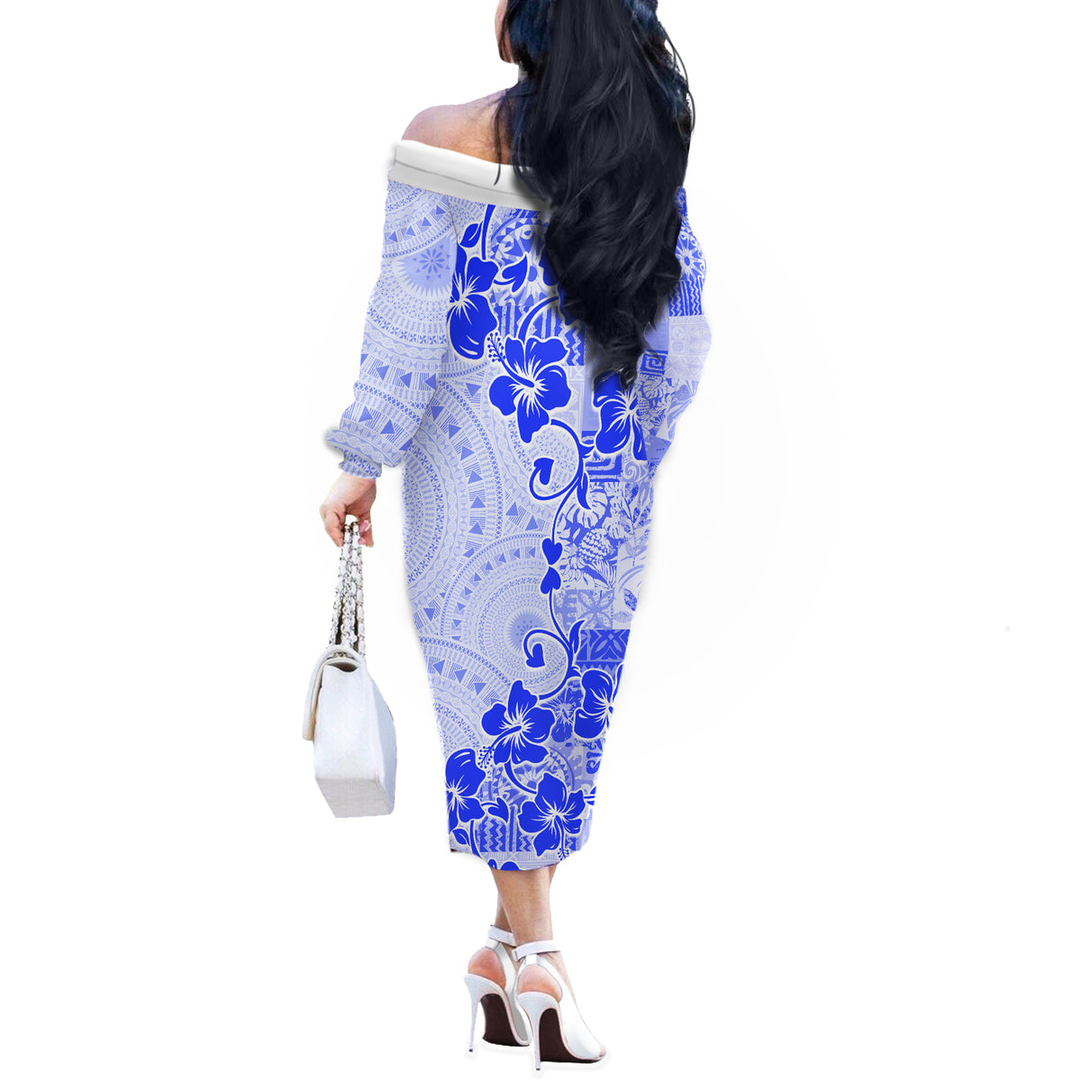 Fiji Masi With Hibiscus Tapa Tribal Off The Shoulder Long Sleeve Dress Blue Pastel LT01 - Polynesian Pride