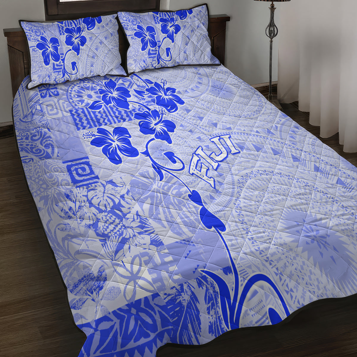 Fiji Masi With Hibiscus Tapa Tribal Quilt Bed Set Blue Pastel LT01 - Polynesian Pride