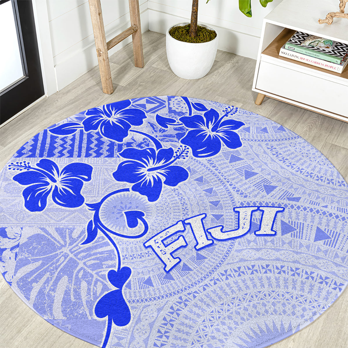 Fiji Masi With Hibiscus Tapa Tribal Round Carpet Blue Pastel LT01 Blue - Polynesian Pride