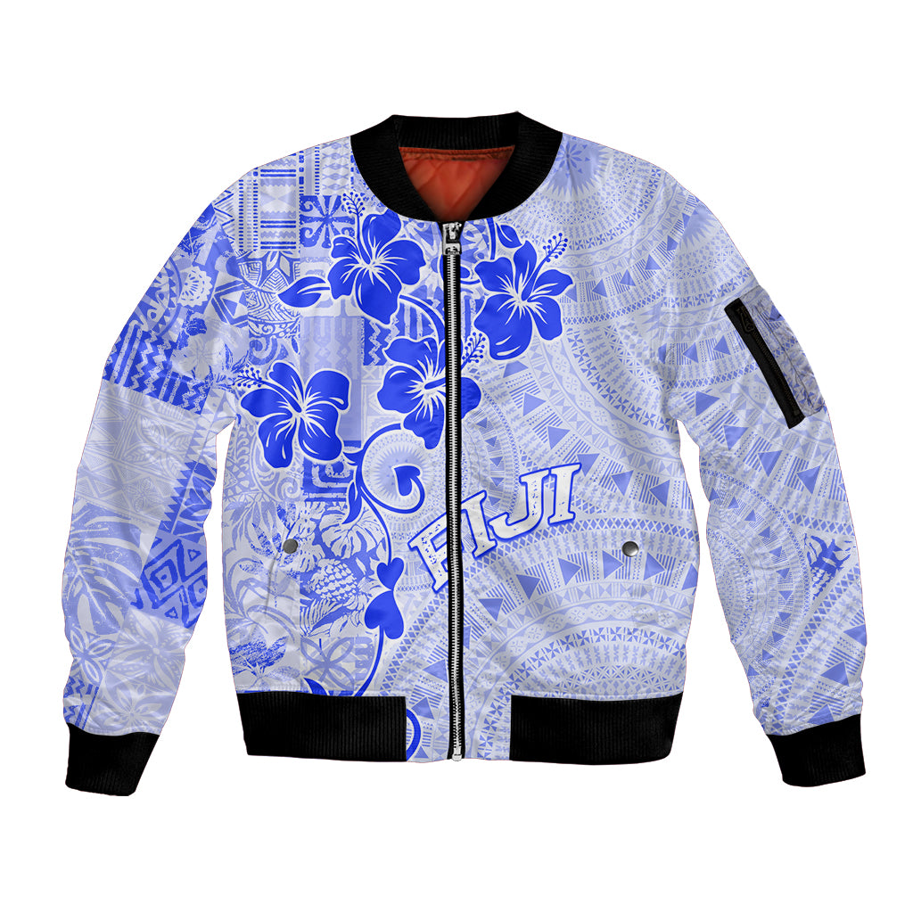 Fiji Masi With Hibiscus Tapa Tribal Sleeve Zip Bomber Jacket Blue Pastel LT01 Unisex Blue - Polynesian Pride