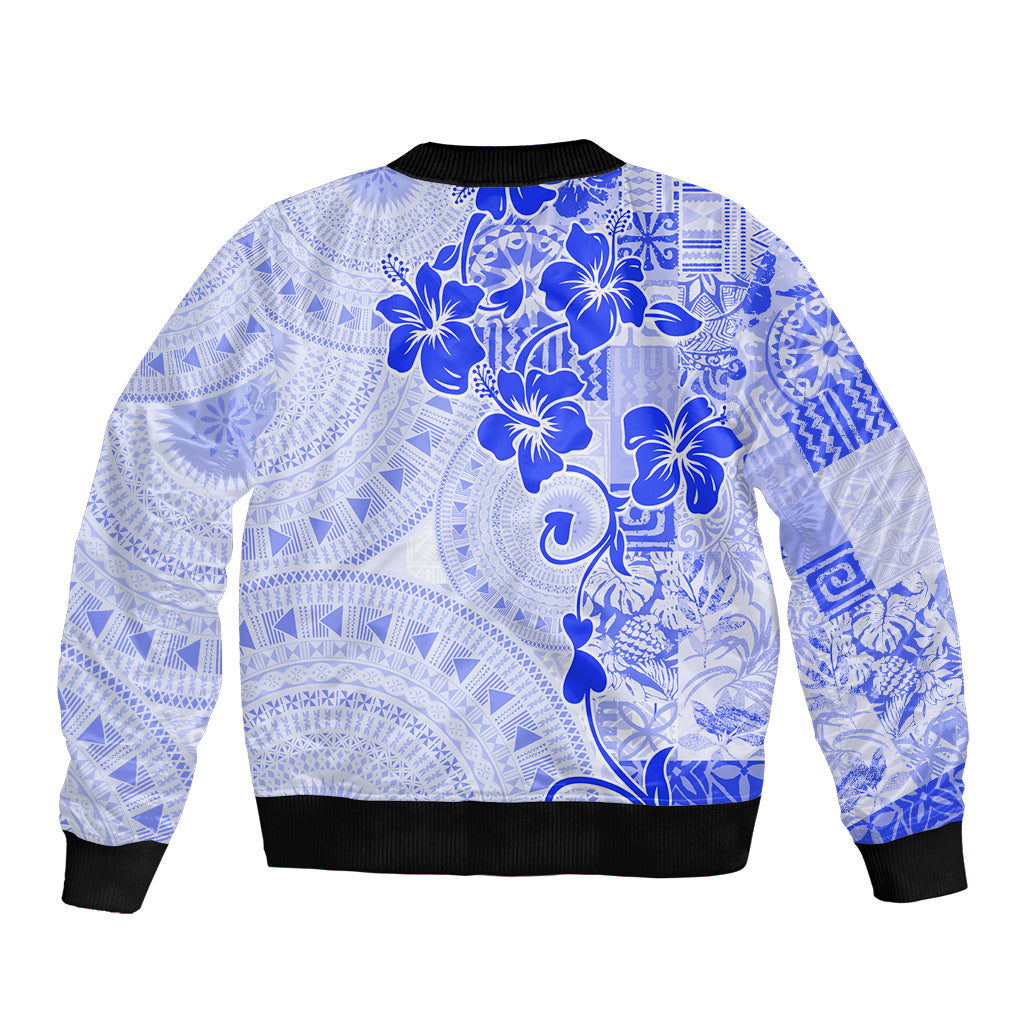 Fiji Masi With Hibiscus Tapa Tribal Sleeve Zip Bomber Jacket Blue Pastel LT01 - Polynesian Pride
