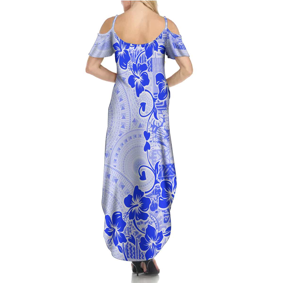 Fiji Masi With Hibiscus Tapa Tribal Summer Maxi Dress Blue Pastel LT01 - Polynesian Pride