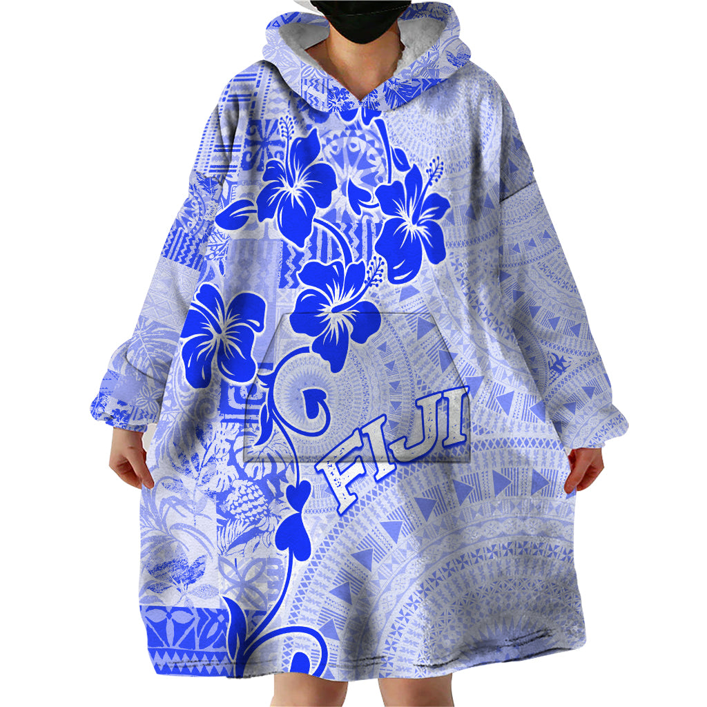 Fiji Masi With Hibiscus Tapa Tribal Wearable Blanket Hoodie Blue Pastel LT01 - Polynesian Pride