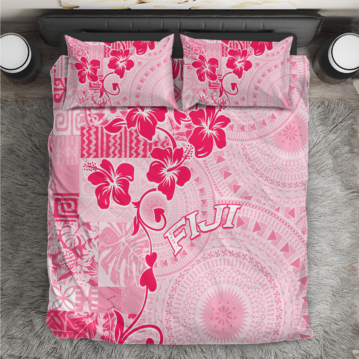Fiji Masi With Hibiscus Tapa Tribal Bedding Set Pink Pastel LT01 Pink - Polynesian Pride