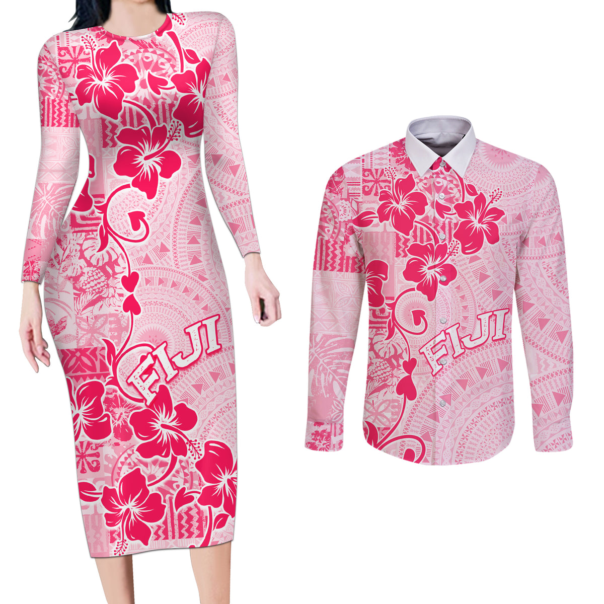 Fiji Masi With Hibiscus Tapa Tribal Couples Matching Long Sleeve Bodycon Dress and Long Sleeve Button Shirt Pink Pastel LT01 Pink - Polynesian Pride