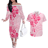 Fiji Masi With Hibiscus Tapa Tribal Couples Matching Off The Shoulder Long Sleeve Dress and Hawaiian Shirt Pink Pastel LT01 Pink - Polynesian Pride
