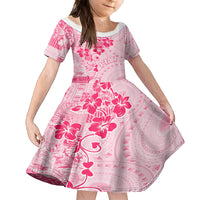 Fiji Masi With Hibiscus Tapa Tribal Family Matching Off Shoulder Short Dress and Hawaiian Shirt Pink Pastel LT01 Daughter's Dress Pink - Polynesian Pride