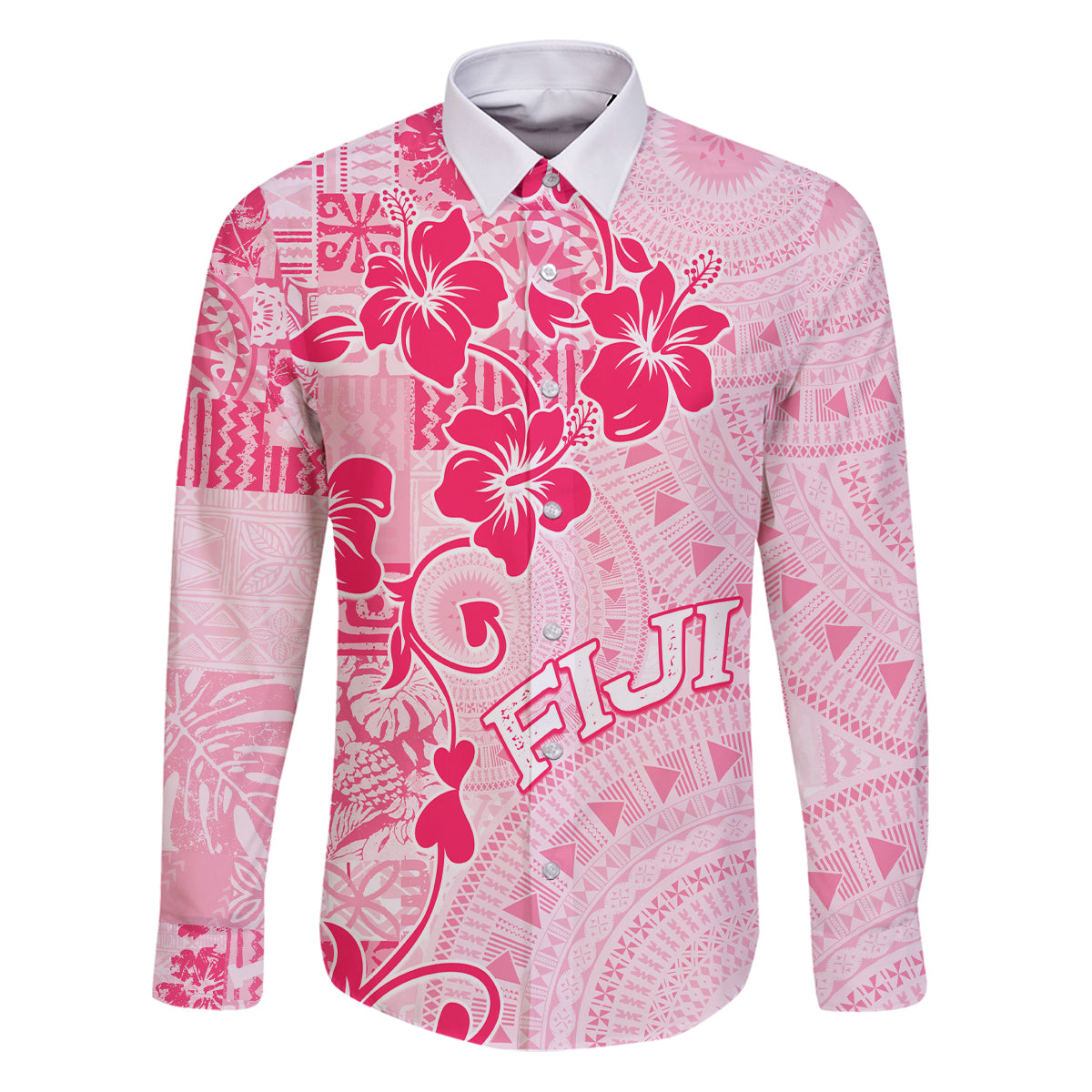 Fiji Masi With Hibiscus Tapa Tribal Family Matching Puletasi Dress and Hawaiian Shirt Pink Pastel LT01 Dad's Shirt - Long Sleeve Pink - Polynesian Pride