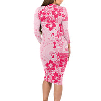 Fiji Masi With Hibiscus Tapa Tribal Long Sleeve Bodycon Dress Pink Pastel LT01 - Polynesian Pride