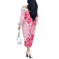 Fiji Masi With Hibiscus Tapa Tribal Off The Shoulder Long Sleeve Dress Pink Pastel LT01 - Polynesian Pride