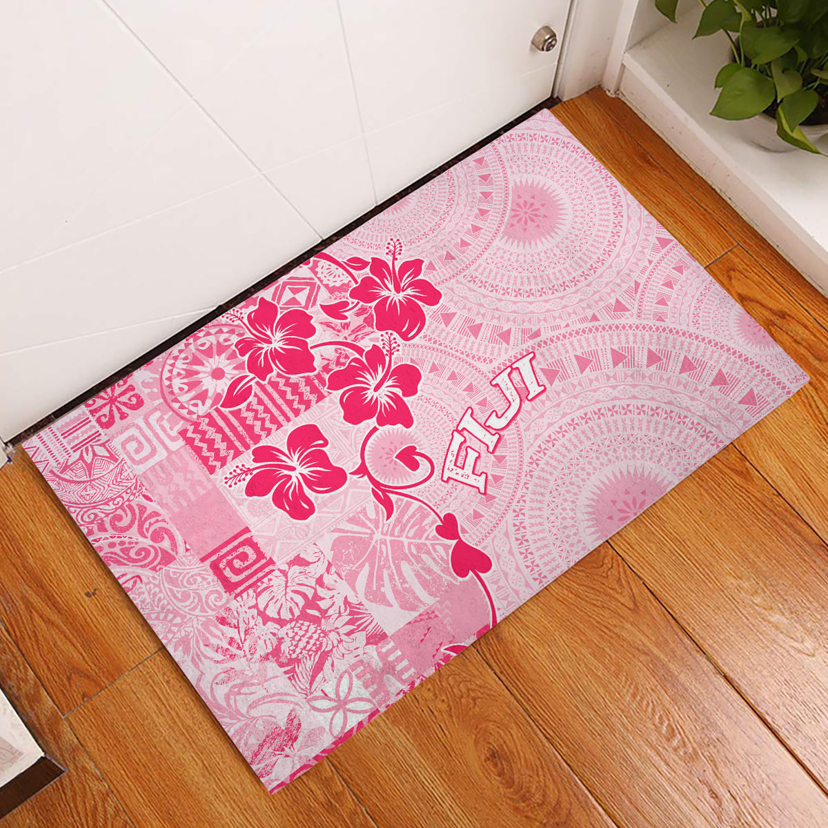 Fiji Masi With Hibiscus Tapa Tribal Rubber Doormat Pink Pastel LT01 Pink - Polynesian Pride